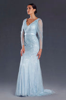 J'ADORE  AUSTRALIA DRESS - PALE BLUE - Bread Boutique  - absolutely stunning, asymmetrical, BLUE, dress, EMBELLISHED, FISHTAIL, GLAMOROUS, GORGEOUS, GOWNS, J'ADORE, long sleeve, LONG SLEEVED, polyester, sequin, SEQUINED, SEXY, shawl, SHIMMER, SHIMMERING, silver, SOFT, SOPHISTICATED, sophisticaterd, STRETCHY, STUNNING, stylish, SUPERB, WAISTED - Darwin boutique - Darwin fashion