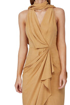 ACLER DALESIDE DRESS - Bread Boutique  - ACLER, asymmetrical, draped, dress, eveningwear, GLAMOROUS, GORGEOUS, IMMACULATE, pleated, polyester, scarf, SEXY, sleeveless, SOFT, SOPHISTICATED, sophisticaterd, STRETCHY, STUNNING, stylish, SUPERB, tan, WAISTED - Darwin boutique - Darwin fashion